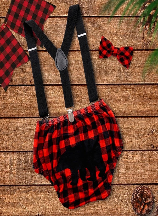 Gicoherero Lumberjack Cake Smash Outfit for Baby Boys Wild One Birthday Party,Diaper Cover Bloomer Bow Tie Suspenders Boys 1st Birthday Buffalo Plaid Milestone Photoshoot Supplies - Image 5